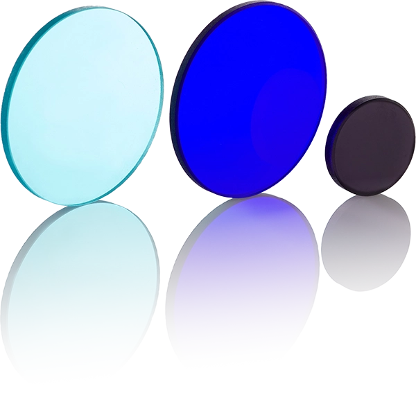 Various optical bandpass filters displayed on a white background, showcasing shape and coating differences.