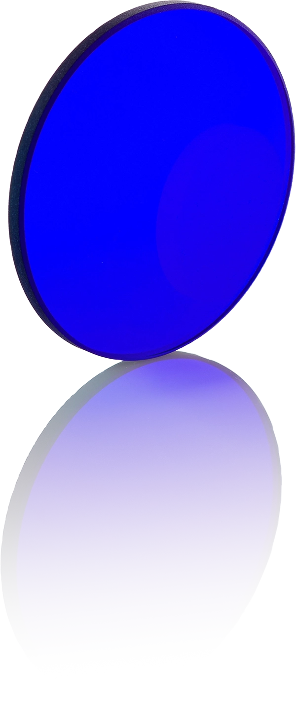 Various optical bandpass filters displayed on a white background, showcasing shape and coating differences.